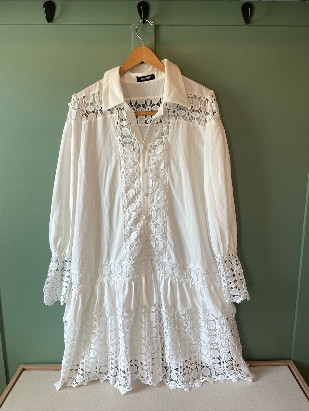 Chicme White Crochet-Trim Long Sleeve Button Dress